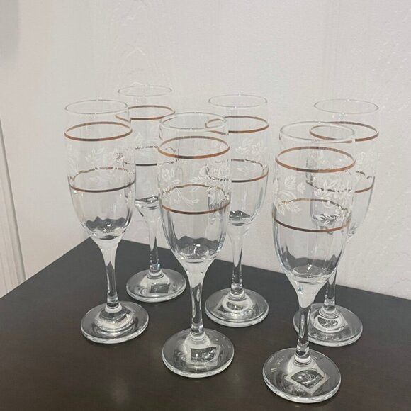 CICLE WARE SET OF 6 CHAMPAGNE FLUTES DUTCHES GOLD RIM FLORAL MADE IN TURKEY - Picture 6 of 16